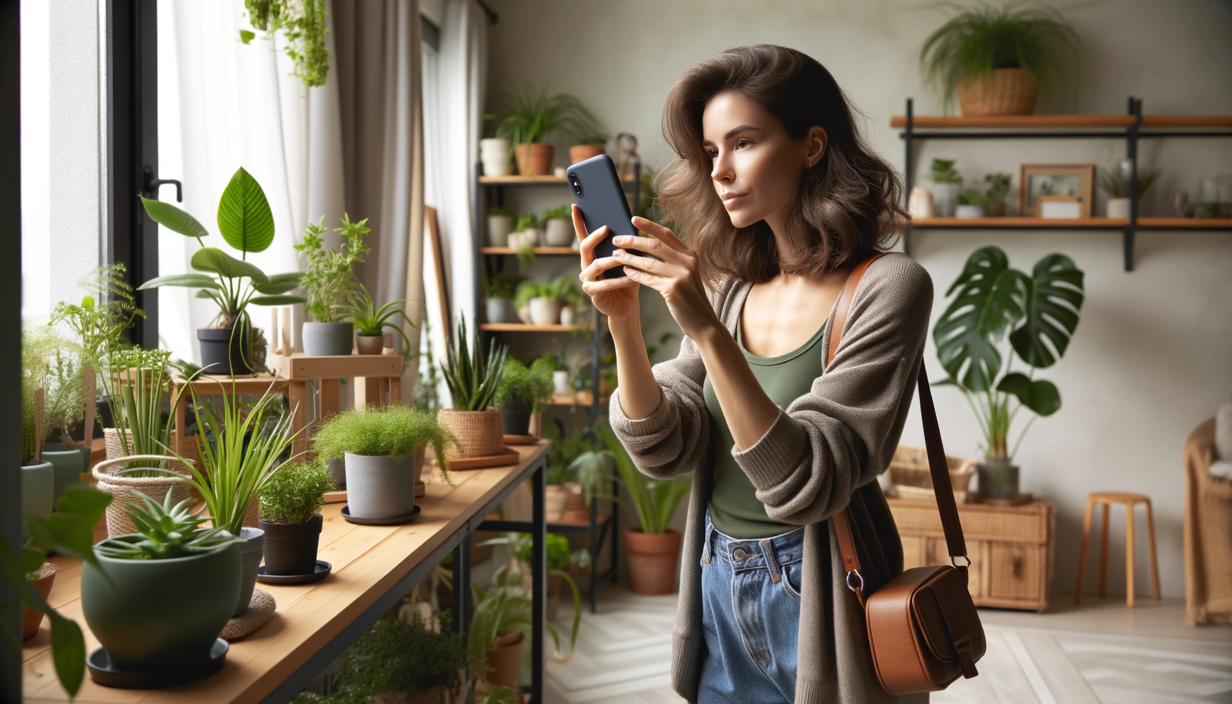 A woman taking pictures of houseplants at home with her smartphone. She is dressed casually in a cozy living room setting with various green plants on shelves and tables.