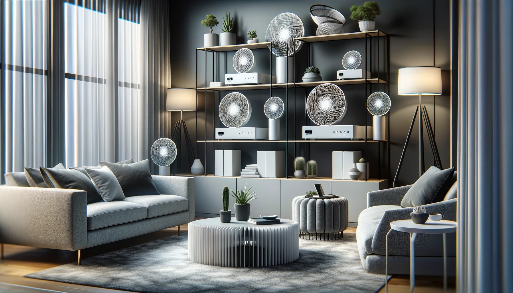 A sleek, contemporary living room showcasing a mesh Wi-Fi system. The main node is prominently placed on a stylish shelf, with additional nodes visible in other parts of the room, ensuring complete coverage.