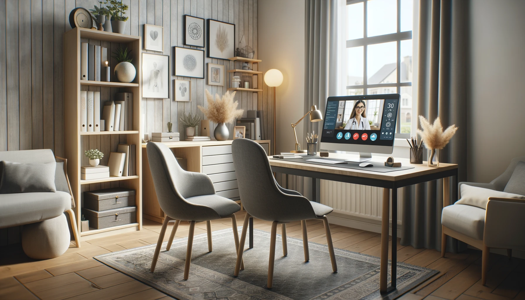 A modern home office setup for telehealth consultations, featuring a desk with a computer displaying a video call interface, comfortable seating, good lighting, and minimal distractions.