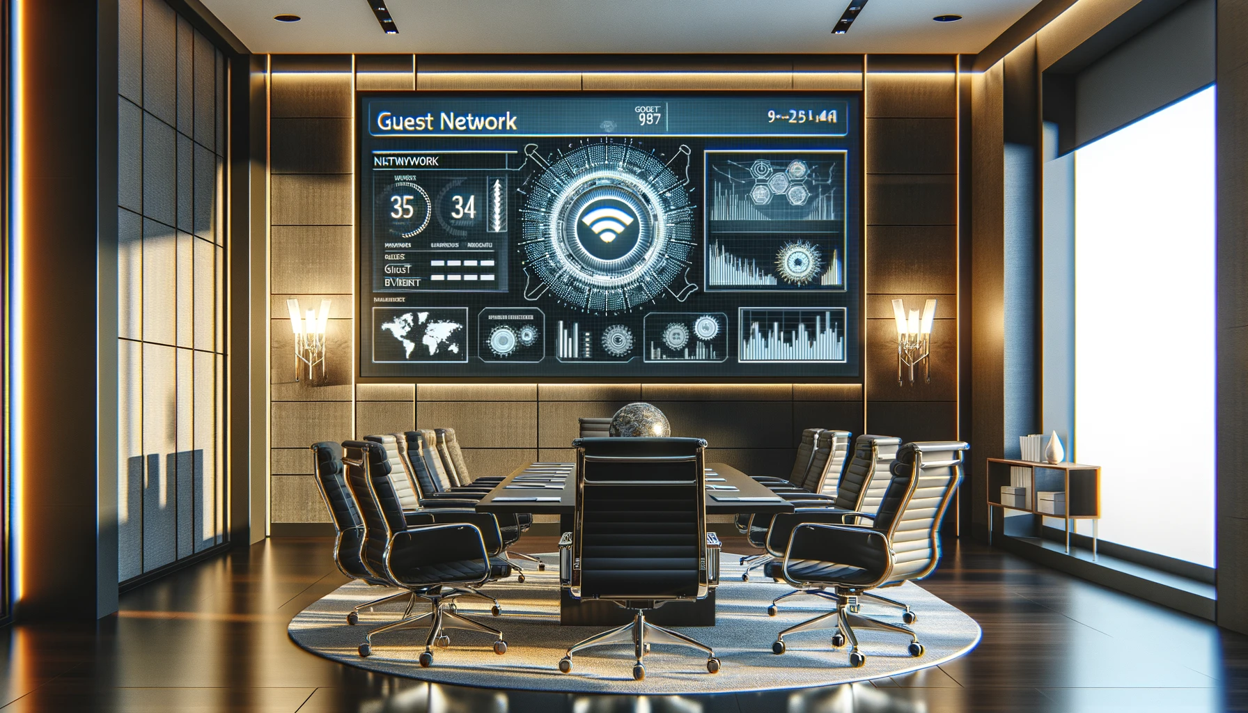 A professional business meeting room with a modern design, featuring a high-tech digital display showing a WiFi network setup interface for a guest network.