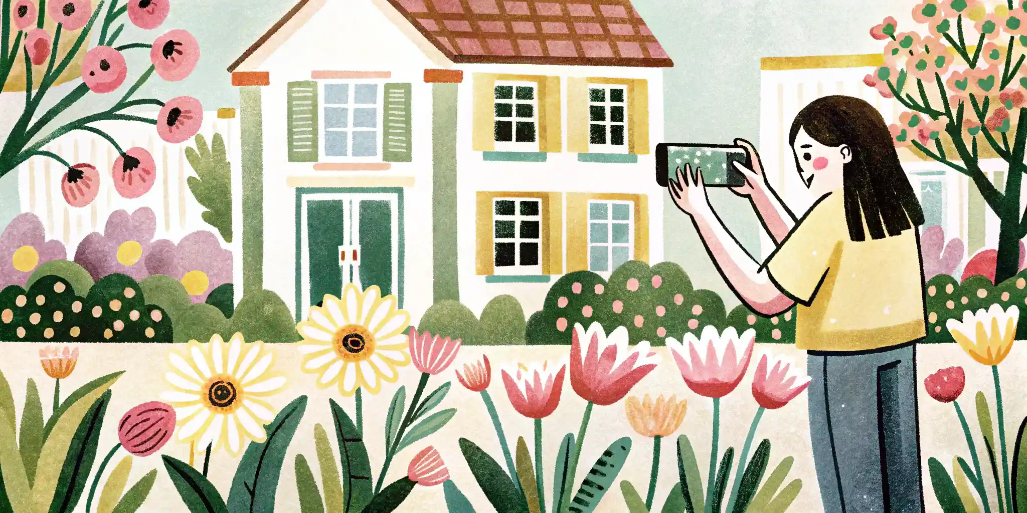 a woman takes pictures of a flower in the yard with her phone