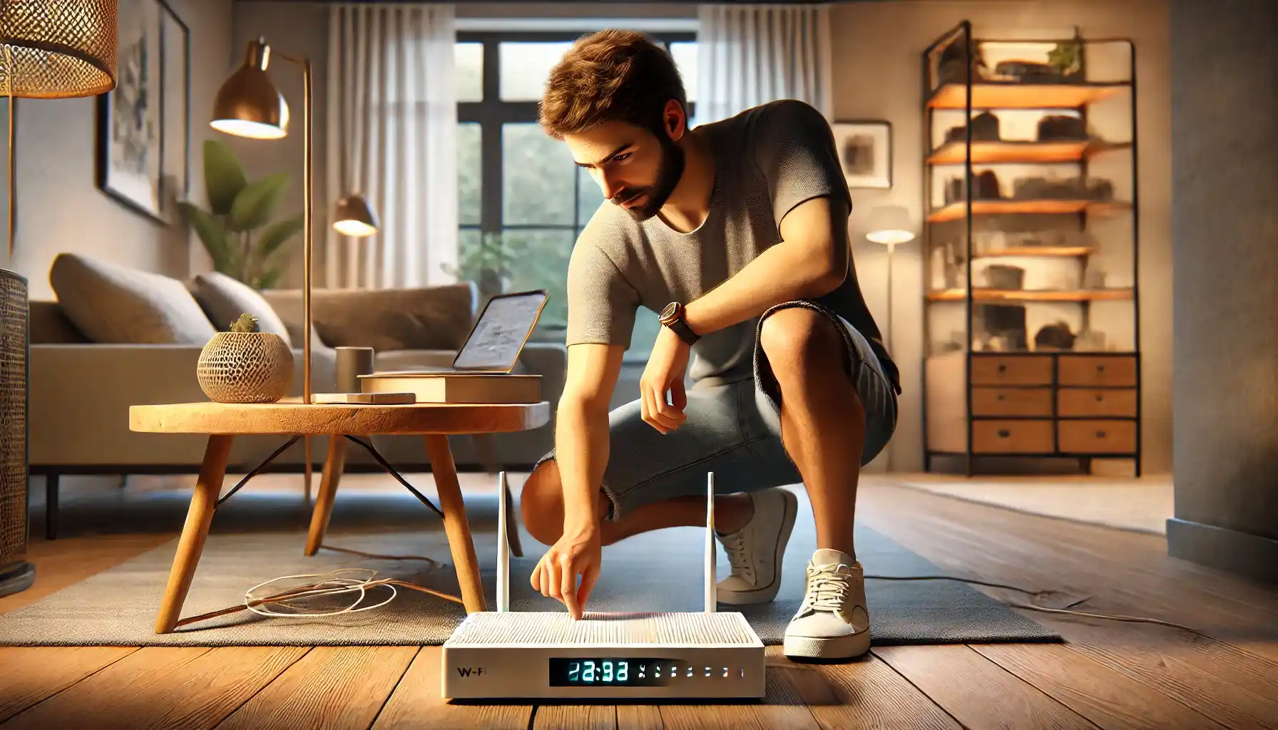 The man, in his 30s with a casual appearance, is seen kneeling or sitting near a Wi-Fi router on a wooden table or shelf.