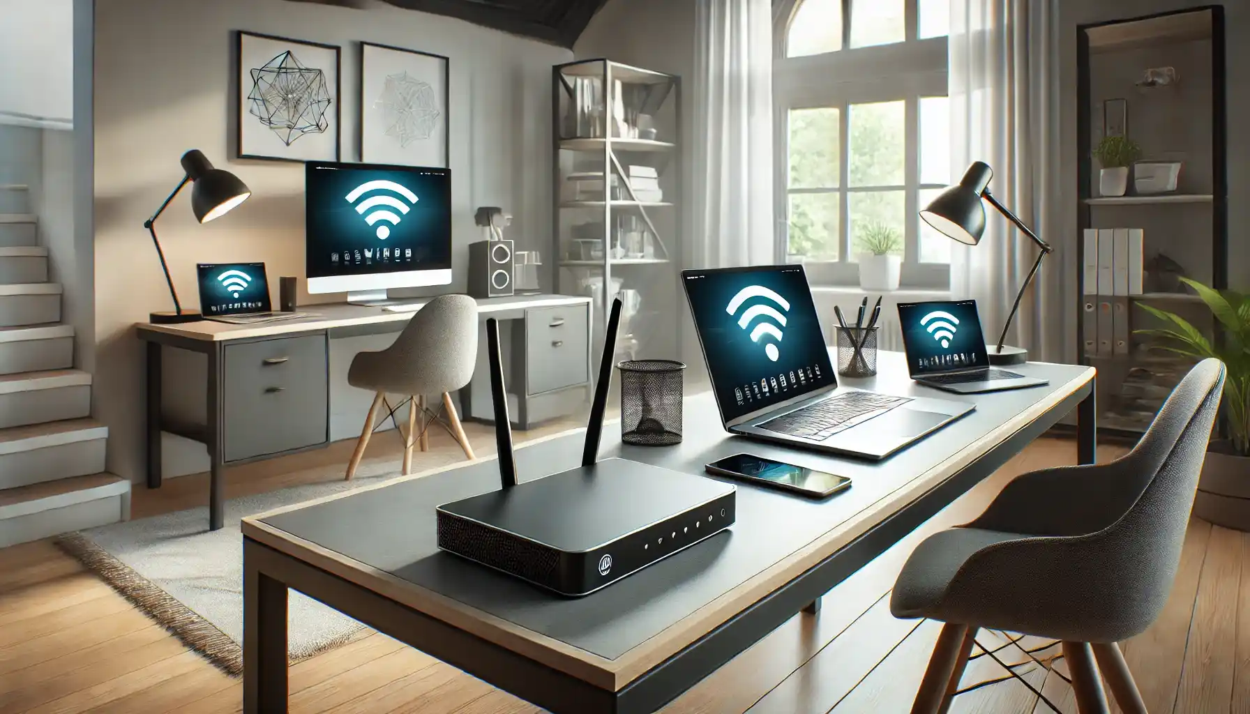 a tech-savvy home office showcasing a sleek WiFi router placed on a modern desk with smart devices like a laptop, tablet, and smartphone connected wirelessly