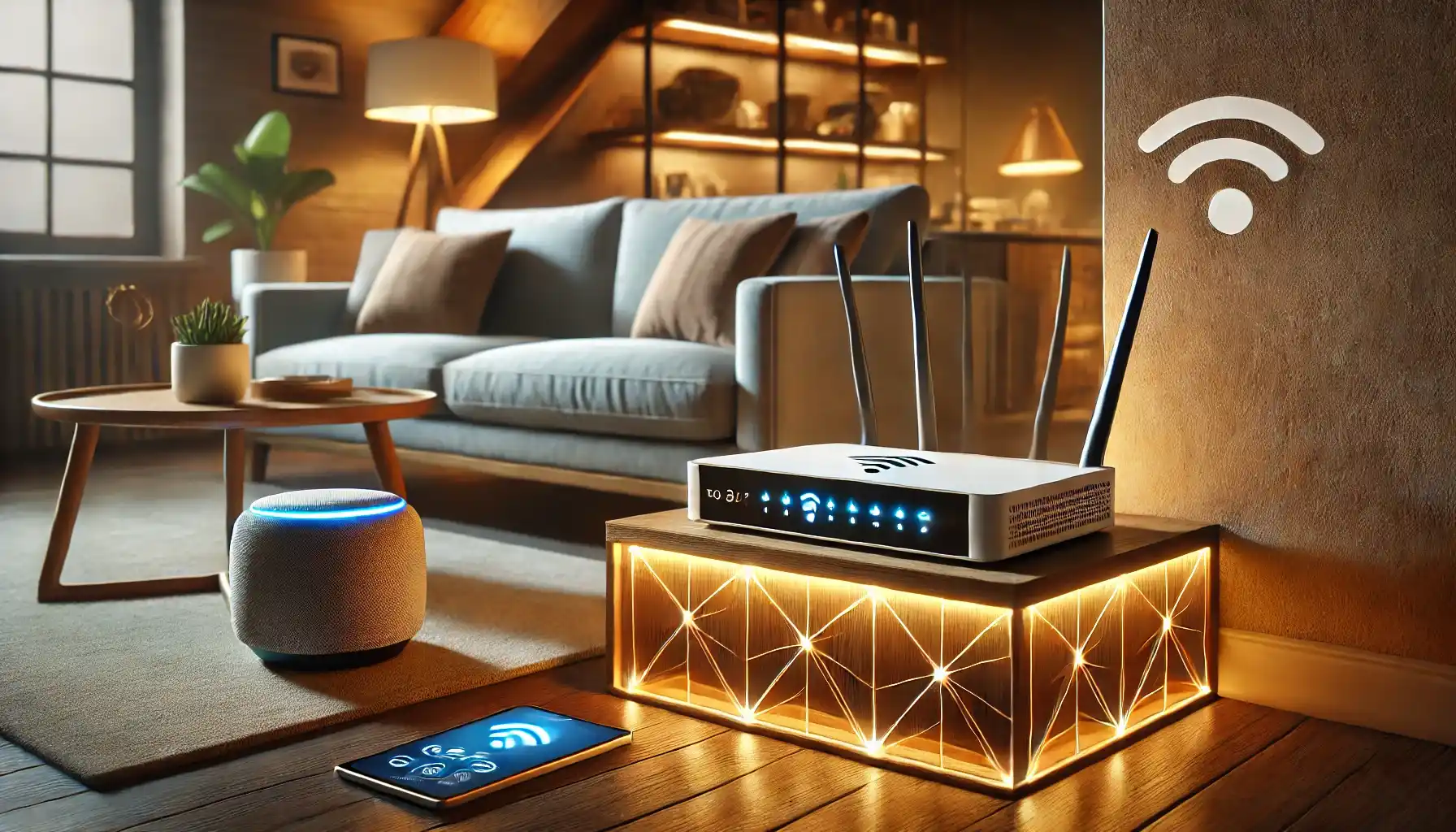 a cozy living room setting, highlighting a modern WiFi router with LED indicators placed on a wooden shelf.