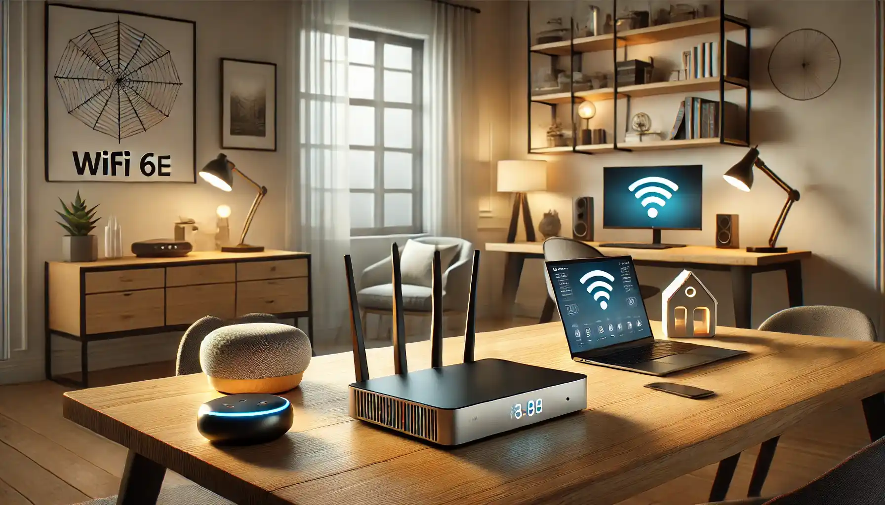 a modern home office showcasing advanced WiFi technology. The scene includes a sleek WiFi 6E router placed on a central wooden desk, surrounded by smart home devices like a voice assistant, smart lights, and a laptop.