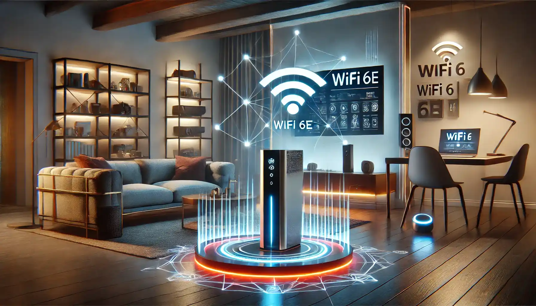 a futuristic living room with advanced WiFi 6E integration. The room features a sleek WiFi router glowing with LED indicators, surrounded by smart devices such as a smart TV, gaming console, and smart thermostat.
