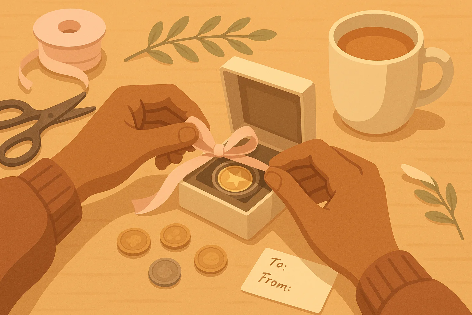 A person wraps a coin in a beautiful gift box.