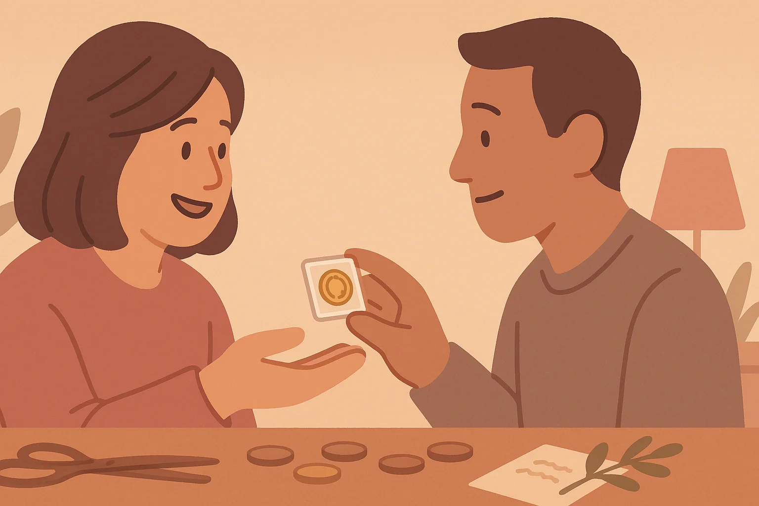 A man gives a coin as a gift to a woman.